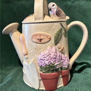 Pfaltzgraff Cream Ceramic Watering Can Cookie Jar with Lavender and Bird Accents